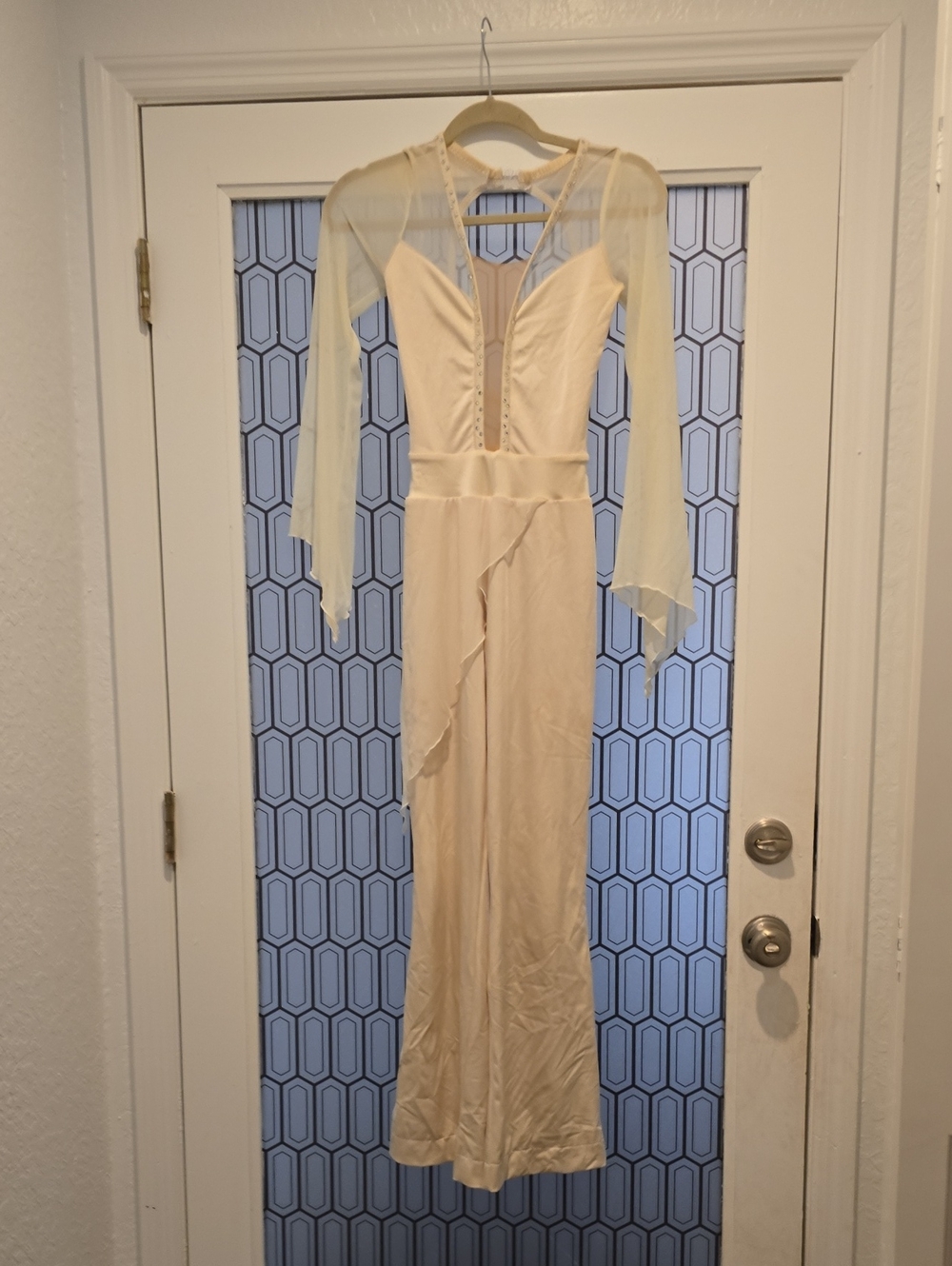 Sheer Sleeve Ivory Dance Costume Jumpsuit a with Deep V